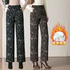Pantalones de Pierna Ancha con Flores 1030 Forro Polar Ropa Exterior Base Sueltos Estilo Chino Pantalones para Mujer de Mediana Edad Pantalones Largos para Madre de Mediana Edad