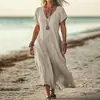 Vestido feminino de cor sólida, gola V, estilo solto, imitação de algodão, para comércio exterior transfronteiriço europeu e americano, Amazon, Wish, site independente