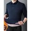 Suéter de felpa grueso con solapa, estilo dos piezas falsas, para otoño e invierno, para hombre, casual y cálido, adecuado para padres de mediana edad, camiseta base de punto