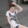 Mamão Leite Verão Nova Moda Casual Borboleta Flor Feminina Camiseta de manga curta estilo coreano Slim-fit Crewneck Top para mulheres