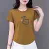 Camiseta Corta de Verano 2026 para Mujer de Mamá, Cuello Redondo, Estampado de Dibujos Animados, Petite, Adelgazante, Casual, Moderna, Elegante