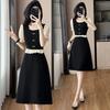 Vestido Elegante de Cor Blocada com Mangas Bufantes Estilo Francês com Toque de Luxo Leve, Conjunto de Duas Peças de Verão Midi Evasê Plus Size para Mulheres