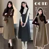 Conjunto de Maternidad Otoño Invierno Nuevo Vestido Chaleco de Lunares Cuello Alto Ropa Interior Base Conjunto de Dos Piezas Cuello en U Bufanda Cinta Fluida Cubre Vientre Adelgazante