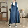 Vestido colete longo jeans estilo coreano, soltinho, com decote V, tamanho plus size, artístico, para mulheres