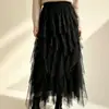 Saia de tule com renda irregular em linha A, um novo design de outono com barra evasê e saia plissada