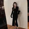 Vestido de tricô suave estilo francês para mulheres, nova coleção de outono, acinturado, fenda, vestido elegante e maduro