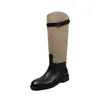 Botas altas de piel de vaca de primera capa + tela para mujer con bloques de color, botas de invierno de cuero genuino con punta redonda y tacón medio hasta la rodilla para mujer