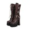 34-43 Botas Femininas de Couro para Outono e Inverno, de Cano Médio, com Bico Redondo, Solado Grosso, Plataforma Impermeável, Zíper Lateral Antiderrapante, Botas Martin de Salto Alto Estilo Europeu e Americano