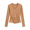 Top de Manga Larga Ajustado con Escote Corazón Estilo Americano, Cachemir Espeso Otoño e Invierno, Camiseta Base Adelgazante Fruncida que Ceñe la Cintura
