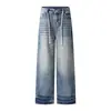 Jeans Masculino Retrô Americano High Street com Cadarço Lavado Versátil High Street Listrado Casual Reto