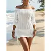 Vestido de praia europeu e americano transfronteiriço ombro a ombro, vestido tubinho de cor sólida com detalhes vazados e cordão, vestido saída de praia justo