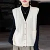 Cardigan de Tricô Vintage com Ponto Trançado 100% Lã Pura Feminino Gola V Sem Mangas Colete de Tricô Casaco Suéter Quente