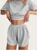 Amazon Transfronterizo Verano 2025 Conjunto de Dos Piezas Simple y Cómodo de Pantalones Cortos de Manga Corta Rayados con Cintura Elástica para Mujer