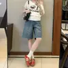 Shorts jeans largos estilo retrô para mulheres, novo estilo de verão, plus size, emagrecimento para figuras petites, shorts retos soltos de comprimento médio