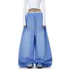 Pantalones Deportivos de Chándal Azules Lavados con Letras de Pedrería Hip-Hop Street Dance Americano Unisex Pantalones Anchos Casuales de Baile Jazz