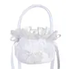 Cesta de flores redonda de estilo occidental para bodas transfronterizas, ribete de encaje blanco, decoración de lazo, cesta de flores para niños para lanzar flores