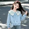 Moletom Estilo Coreano Doce Estilo College Gola Azul Marinho para Crianças Médias e Grandes Conjunto de Duas Peças Calças Wide-Leg Versáteis Casuais Primavera/Outono 2026