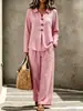 Traje de dos piezas de moda casual para mujer, transfronterizo europeo y americano, 2026, con cuello polo abotonado y manga larga, pantalón largo