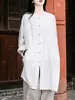 Ropa casual de estilo Zen chino para laicos, de color liso para mujer, vintage, efecto desgastado, algodón y lino, manga larga, camisa de práctica de Tai Chi