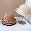 Sombrero de Pescador Fresco de Estilo Japonés para Niños Verano Protección Solar Sombrero Tejido Sombrero de Albóndiga Rizada Lazo Pequeño Color Sólido Sombrero de Cubeta