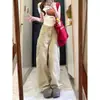 Jeans Caqui Estilo Americano con Bolsillos Grandes y Dobladillo Curvo para Mujer, Novedad Principios de Otoño de Tiro Bajo Sueltos Adelgazantes de Pierna Ancha Rectos