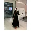 Vestido Longo de Manga Longa com Bolinhas, Decote V Preto, Estilo Francês, para Mulheres, Primavera e Outono, Elegante, Cintura Alta, Ajustado, Saia Longa Evasê