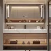 Conjunto moderno minimalista de lavatório e gabinete de banheiro estilo smart para hotel, incluindo um gabinete de banheiro em placa de rocha e uma cuba integrada