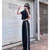 Roupa Esportiva de Verão Manga Curta Calça Wide Leg Moda Corrida Conjunto de Duas Peças Preto Slim Casual Traje Esportivo para Mulheres