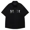 25 Camisas de Manga Corta Bordadas de Gato Estilo Retro Americano para Hombres y Mujeres Verano Pana Caídas Casuales Tendencia Hip-Hop