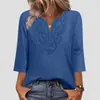 Top de Manga Tres Cuartos con Encaje, Color Sólido, Cuello en V, Estilo Camiseta, Empalmado, Corte Holgado, para Mujer, Europeo y Americano, Primavera/Verano 2026