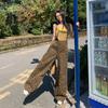 Moda Nova Primavera 2025 Design Macacão Estampa de Leopardo Feminino Solto Cintura Alta Emagrecedor Pingente Perna Larga Calça Jeans