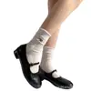 Calcetines de Rizo para Mujer de Tubo Medio Calcetines Huecos Apilables Calcetines Blancos con Lazo Calcetines Blancos Pequeños Japoneses