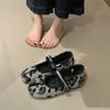 Zapatos Mary Jane de lana retro franceses con tacón oculto, zapatos de puntera partida tipo pezuña de cerdo, zapatos de boca poco profunda con felpa, zapatos de una sola pieza para mujer, zapatos cálidos de algodón