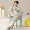 Algodão PuroPijama Masculino de Manga Longa com Gola Reversível, Conjunto de Pijama Listrado Outono para Jovens com Desenho Animado, Corte Amplo