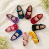 Sapatos Mary Jane de Veludo Vintage com Laço para Meninas, Sapatos Infantis para Festa de Feriado e Apresentação, Sapatos Macios de Princesa Suaves