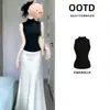 Meia-saia de Acetato Feminina Verão Estilo Coreano Conjunto Deslumbrante Saia Longa de Cetim Pessoa Leve Roupa de Alta Intelectualidade Conjunto Completo Top Sem Mangas