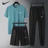 Traje Deportivo Casual de Seda de Hielo para Hombre, Nuevo Estilo de Verano, Camiseta Fina de Manga Corta, Pantalones Cortos, Conjunto de Tres Piezas de Secado Rápido para Correr