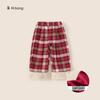 Pantalones Rectos de Invierno Bangxuan para Niñas, Pantalones con Dobladillo Deshilachado, Pantalones Largos Engrosados de Año Nuevo, Pantalones Largos para Niños, Pantalones a Cuadros Rojos