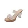 Sandalias transparentes de tacón alto para mujer, zapatos de verano para mujer, versátiles y cómodos, sandalias de tacón grueso de cristal estilo francés con pedrería para que las mujeres las usen en exteriores