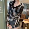 Blusa com Capuz Estilo Coreano Outono Nova Camiseta Top com Listras Contrastantes Camisa de Botão Manga Longa Feminina Capuz Primavera