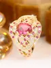 Anillo Ovalado Hueco Vintage de Circonita Rosa, Anillo Ancho de Circonita Color-Block Full Diamond Estilo Palacio
