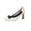 Zapatos de mujer de cuero completo por dentro y por fuera con tacón grueso, lazo cuadrado pequeño, boca baja, de piel de vaca, estilo coreano, tacones altos retro, zapatos para las cuatro estaciones