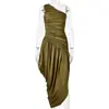 Estilo de Diseño de Ropa para Mujer de Comercio Exterior Europeo y Americano, Sencillo y Elegante, Vestido de Niña con Estilo y Escote Diagonal, Vestido Largo Sexy Plisado que Ceñe la Cintura