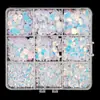 Caja de Color Blanco Ab Lentejuelas Estrellas y Luna Caladas Abalorios Brillantes de Forma Especial Decoración de Relleno Fluido para Uñas DIY