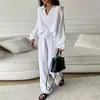 Conjunto de Camisa Blanca Texturizada Estilo Europeo y Pantalones de Pierna Ancha para Mujer Primavera Verano Holgado Casual Manga Larga Conjunto de Dos Piezas