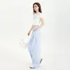 Calça Jeans Casual Xadrez Azul de Pernas Largas Estilo Preguiçoso para Mulheres, Verão Fina Versátil Moda Cintura Alta Reta Solta