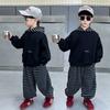 Conjunto Xadrez de Outono para Meninos 2025 Primavera e Outono Estilo Coreano Roupa de Bebê com Capuz de 2 Peças