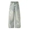 Calça Jeans com Estampa de Letras para Homens, Primavera e Outono, Corte Reto Solto de Perna Larga, Estilo High Street Americano, Calça Longa Versátil Moderna e Descolada