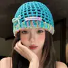 Gorro de Tricô Azul Vazado com Laço de Renda em Cor Contrastante para Mulheres, Chapéu Pulôver Respirável de Verão de Nicho de Alta Qualidade