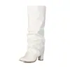 Botas de Salto Alto Pretas Plissadas Empilhadas Outono Inverno Femininas Salto Grosso Bico Fino Botas Calça Estilo Europeu Emagrecedoras Botas de Montaria Acima do Joelho